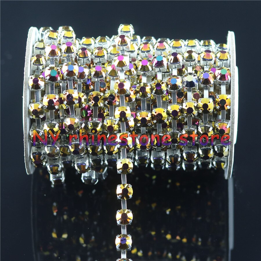 1- 5yards,SS30(6mm),Gold rose AB jelly resin crystal rhinestone chain,Silver Chain Trim,for wedding dresses,dress,women bag