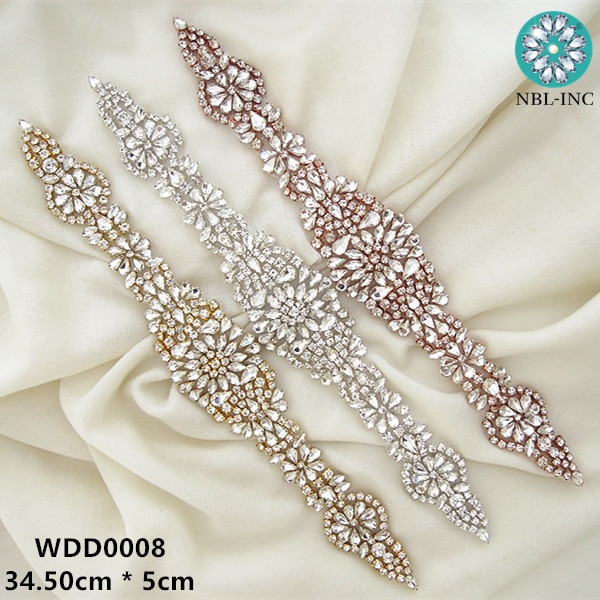 (1 PC) Wedding dress silver gold rhinestones crystal appliques gold iron on for wedding dresses belt WDD0008