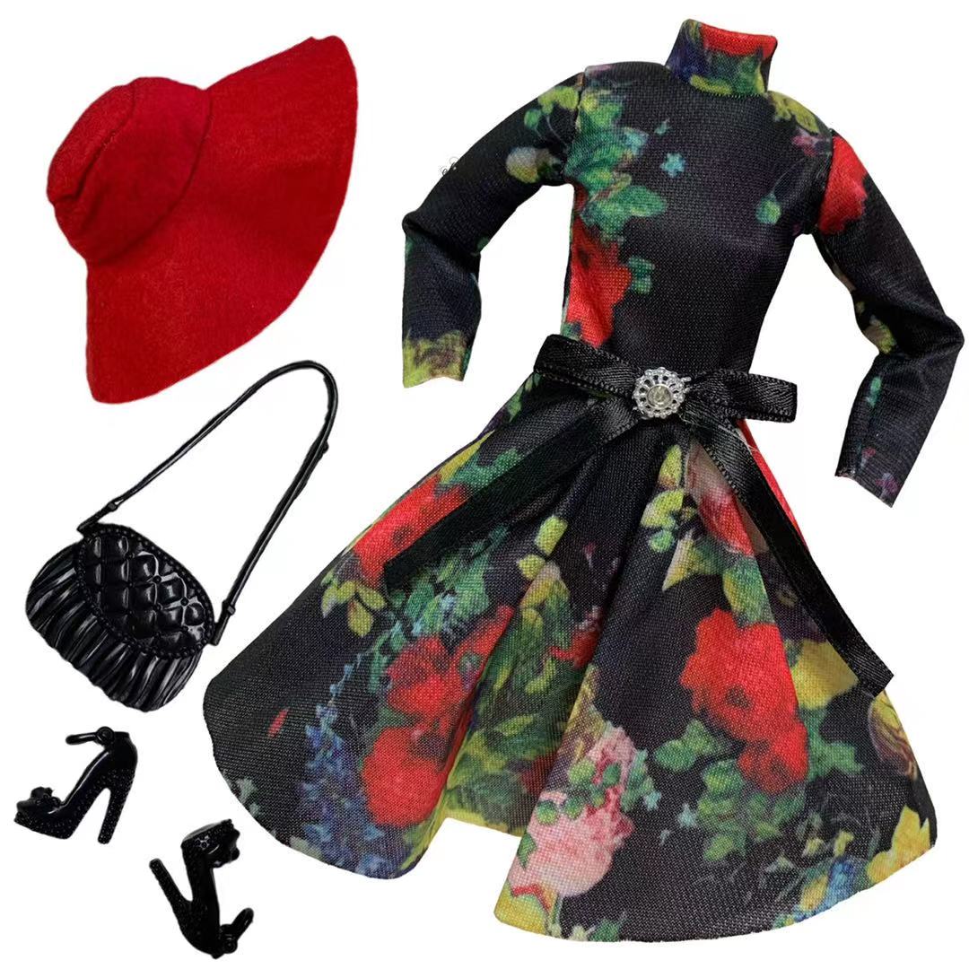 1 Set Doll Clothes 1:6 Scale Dress Outfit for 11.5 inch 30cm Doll Black Floral Dress with Red Hat and Shoes for Girls Toy Gift