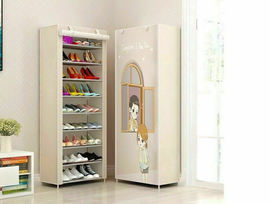 10 Layer Shoes Cabinet Storage Organizer Rack Dustproof w/ Cover, Walnut / Lover
