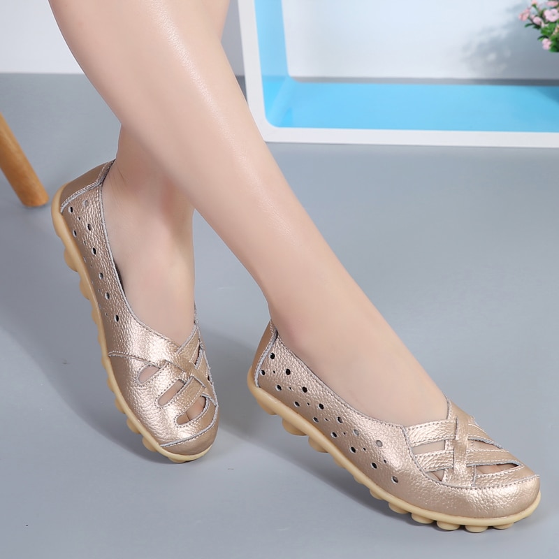 12 Colour Summer New Cut-out Hollow Genuine Leather Women Solid Large Size Flats Casual Slip On Shoes Female Lady Boat Shoe