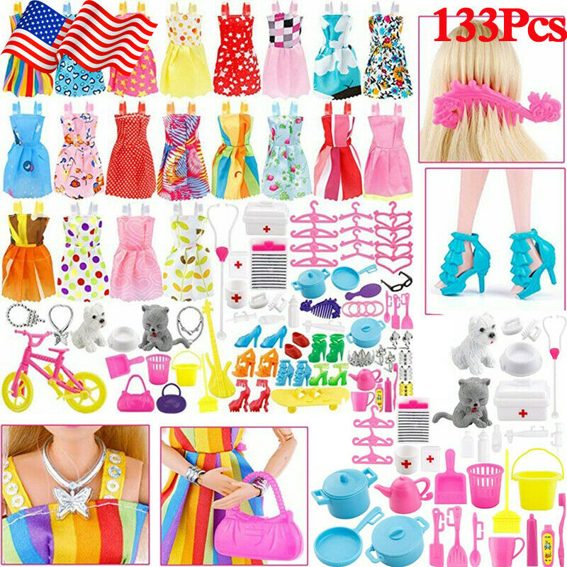 133Pcs Doll Clothes Accessory Kit Party Dresses with Shoes Bags Pet Care Set US