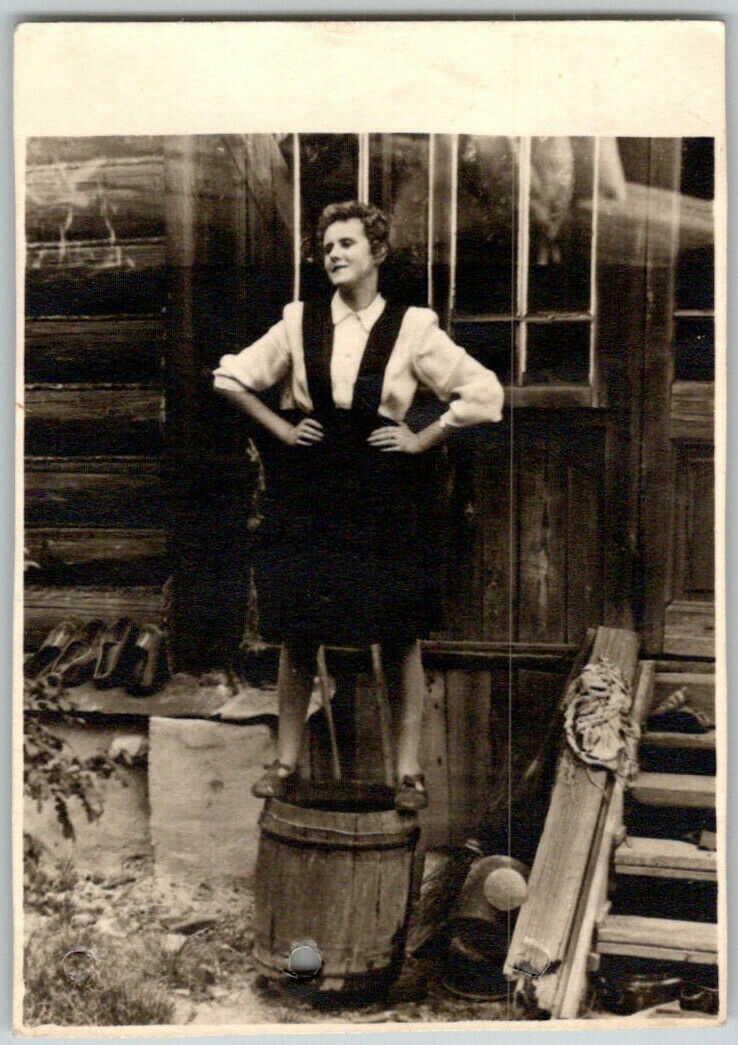 1960s Beautiful Young Woman Vintage Soviet Photo Dress Shoes Barrel Ladder Vtg