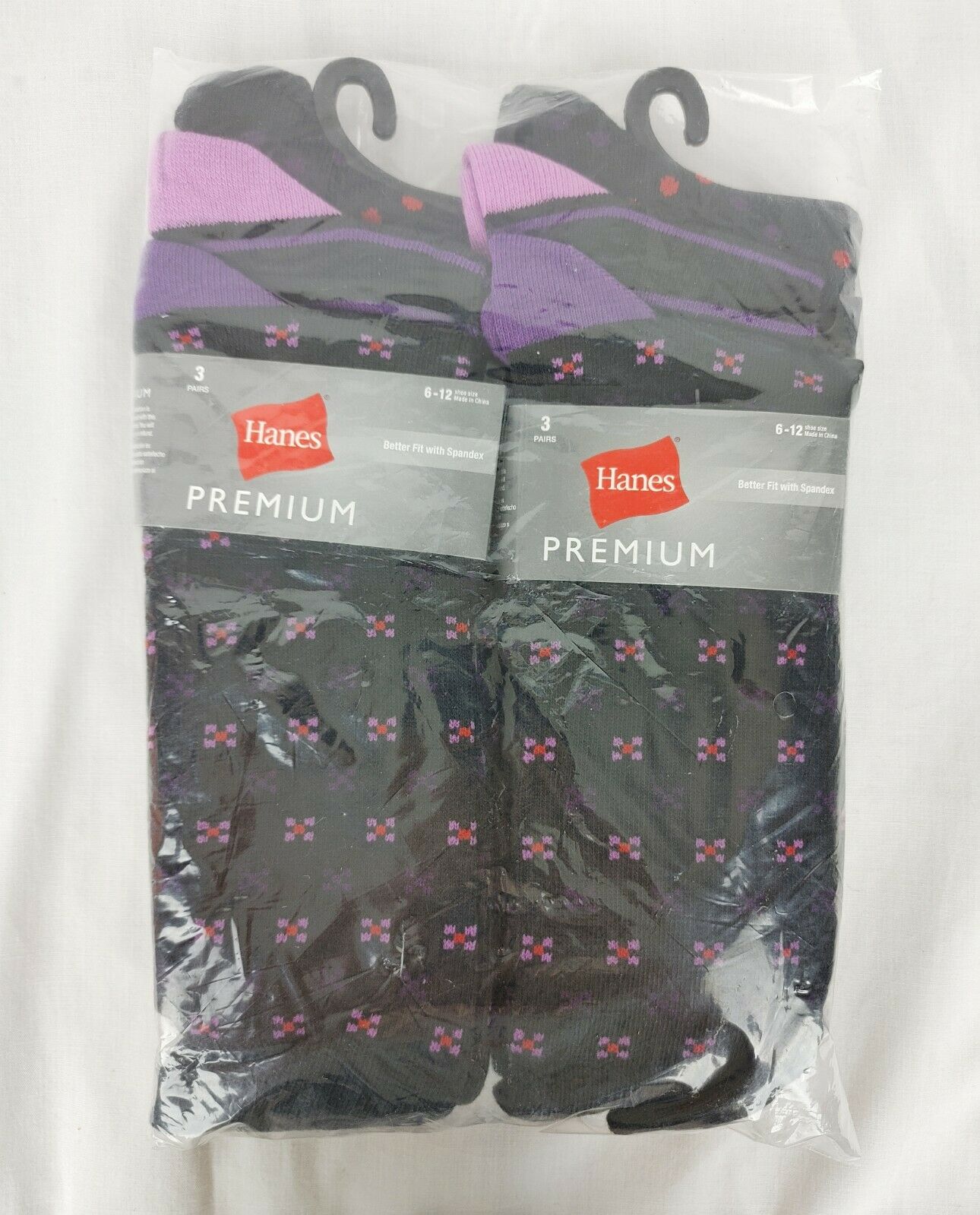 2 Pk Hanes Premium Socks Shoe Size 6-12 Better Fit With Spandex 3 Pair each Pack