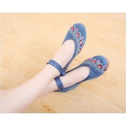 2016 Spring Embroidered Blue High Heel Shoes In Durable & Pure Natural Canvas With Flower Patterns