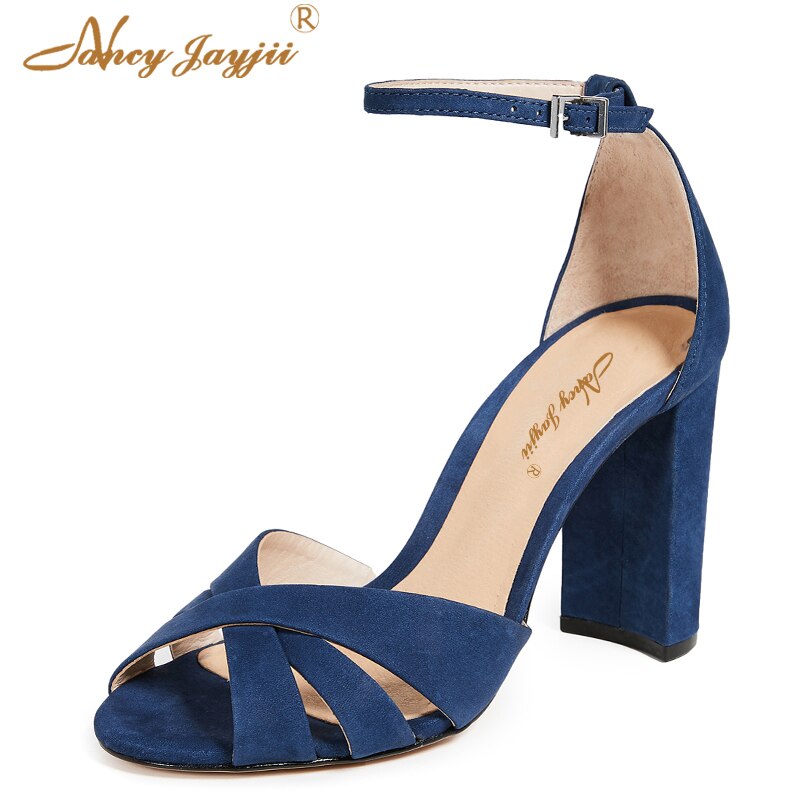 2019 Summer Blue Young Girl Fashion Sandals Ankle Wrap Ladies Shoes Buckle Leisure Square Heels Super High Casual Dress Party