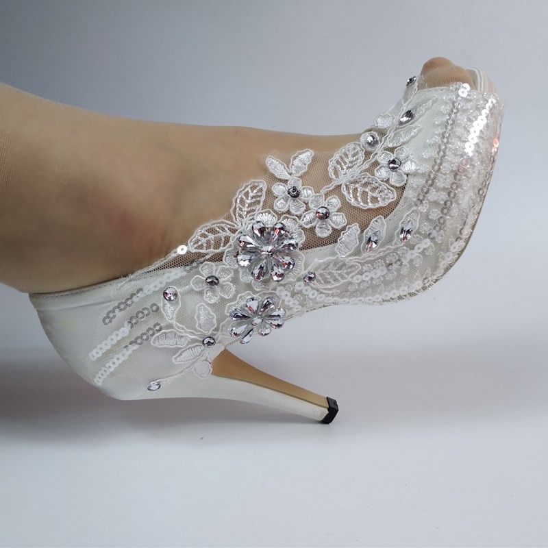 2020 New Arrival Peep Toe Crystal shoes woman White Flower Wedding Bridals shoe Ankle Strap Lace-Up High shoes sweet party shoe