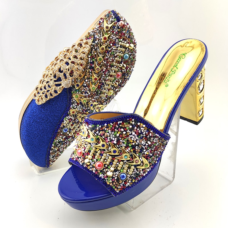 2020 New Arrival Royal Blue Color Shinning PU material Ladies Shoes and Bag Set Decorated with Colorful Rhinestone for Party