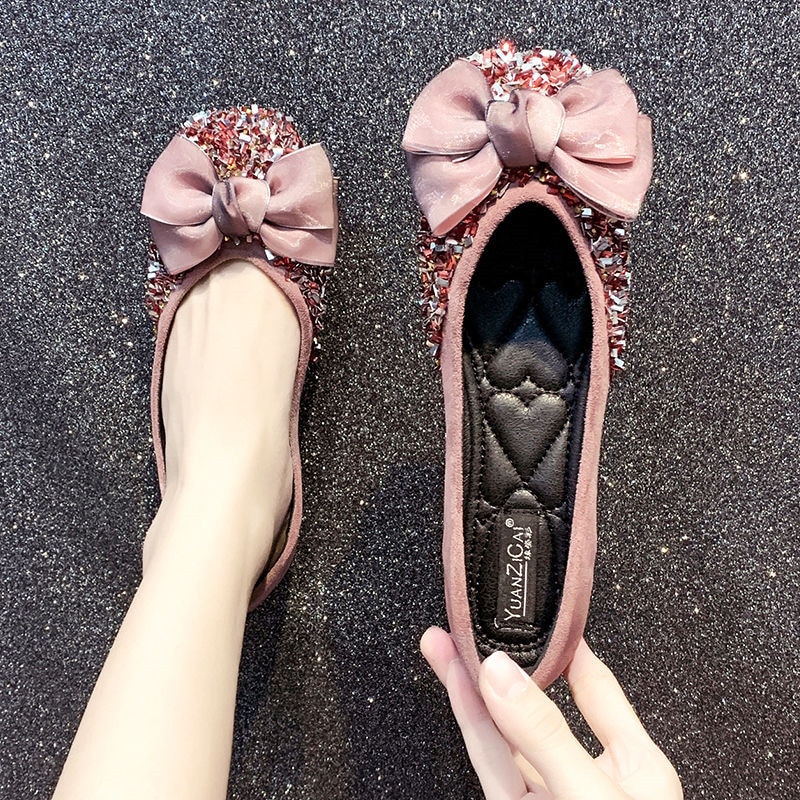2020 New black Flats Ballet Shoes Bow Autumn Luxury Female loafers women Ladies Glitter Bling Rhinestone Crystal Casual Flat