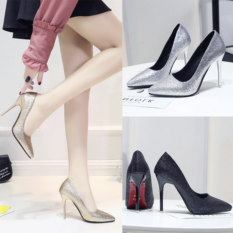 2020 New Spring Women Pumps High Thin Heels Pointed Toe Sexy Bling Bridal Wedding Women Shoes Gold Silver High Heels Pumps