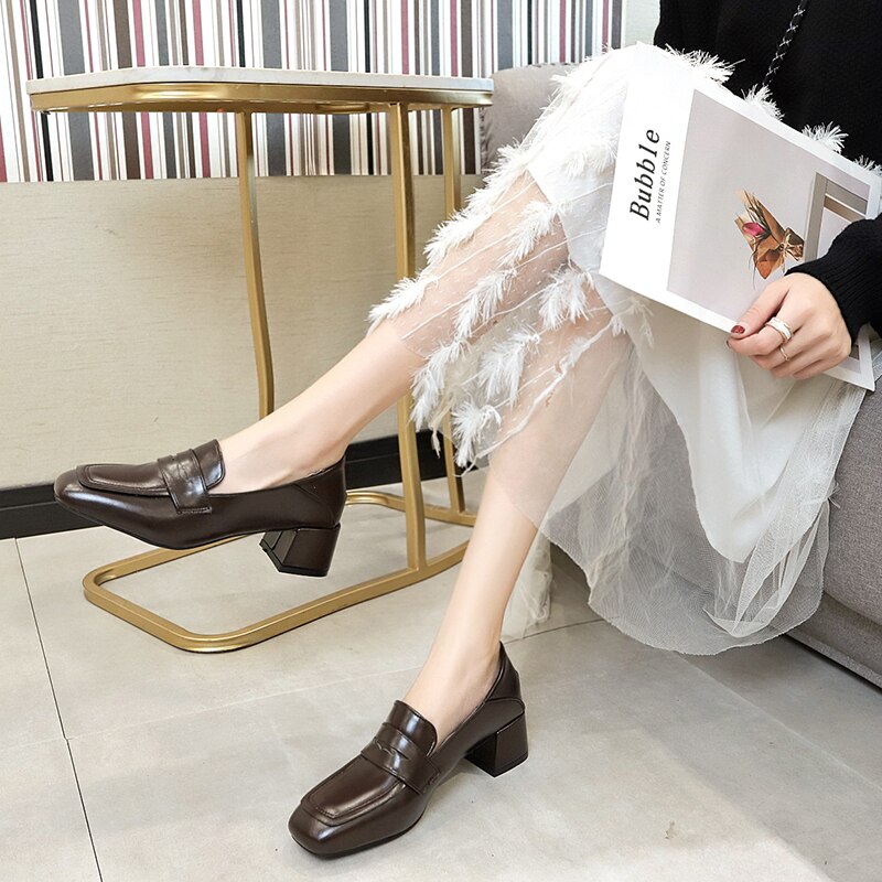 2020 Spring Brand Female High Heels Shallow Office Casual Shoes Woman Leather Women Pumps Comfortable Loafers U14-12