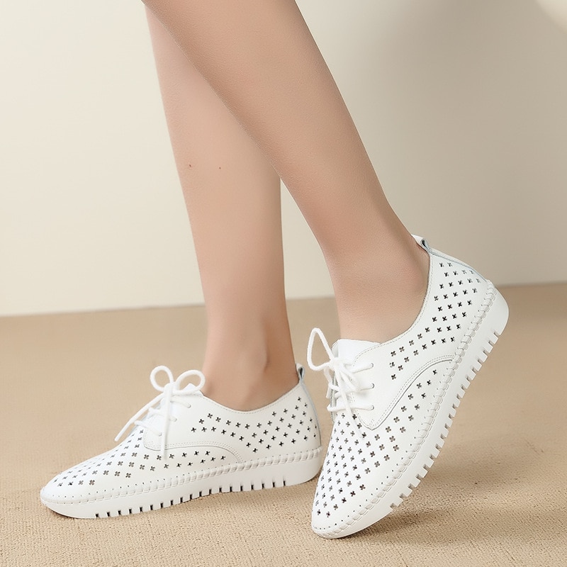 2020 Summer sneaker women platform shoes female Genuine Leather Walking flat oxfords for women Breathable Comfort Vacation shoes