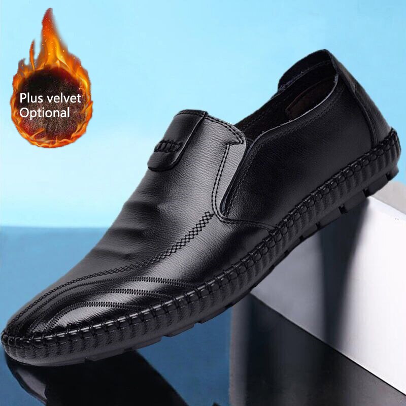 2021 Clearance Markdown Sale Men's Leather Shoes Soft Anti-slip Keep Warm Plus Velvet Loafers Shoes Men Lightweight Breathable
