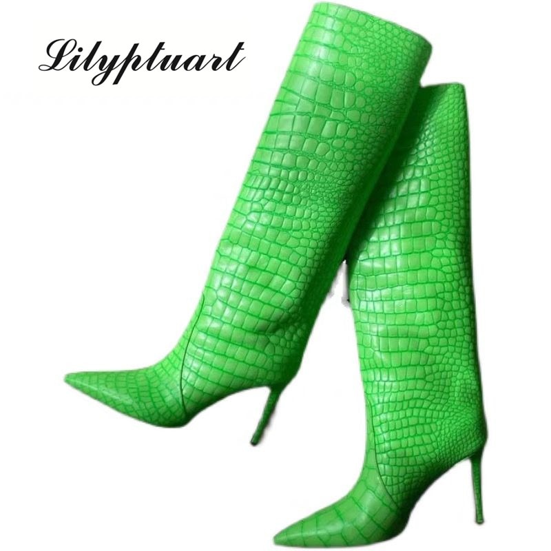 2021 Crocodile Pattern Knee-High Heels Women Boots Pointed Toe Neon Green Stiletto Heels Boots Female Runway Banquet Women Shoes