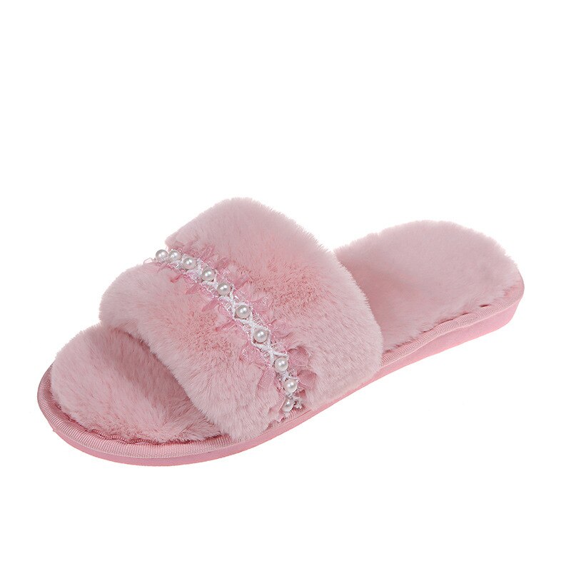 2021 JARYCORN Autumn And Winter Home Furry Pearl Chain Slippers Fashion Flat Women's Cotton Slippers Open-toe At Home