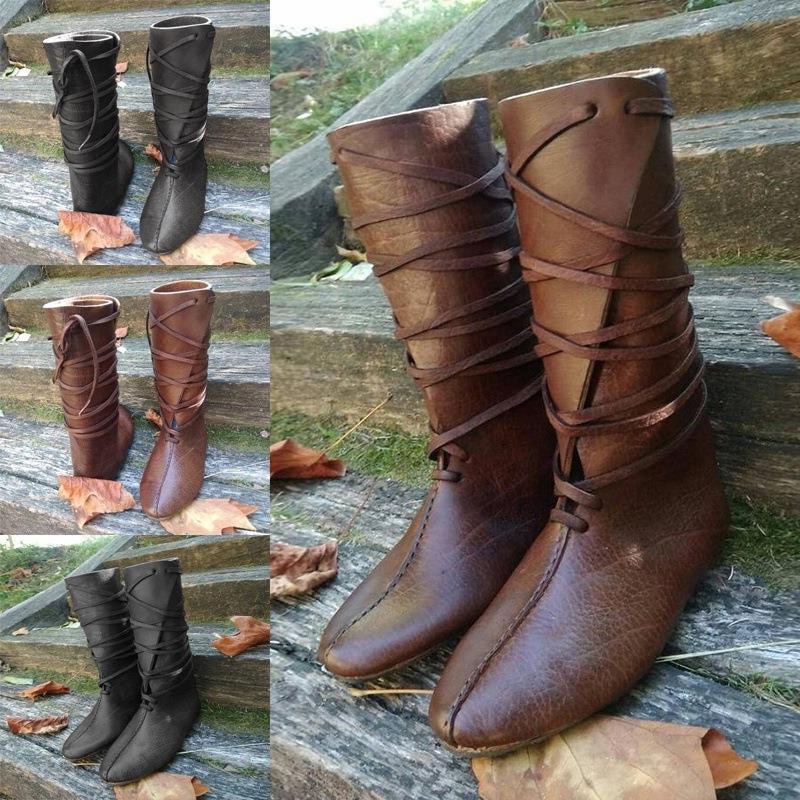 2021 Medieval Viking Pirate Cosplay Shoes For Women Men Renaissance Steampunk Lace Up Brown Black Knight Long Tube Boots