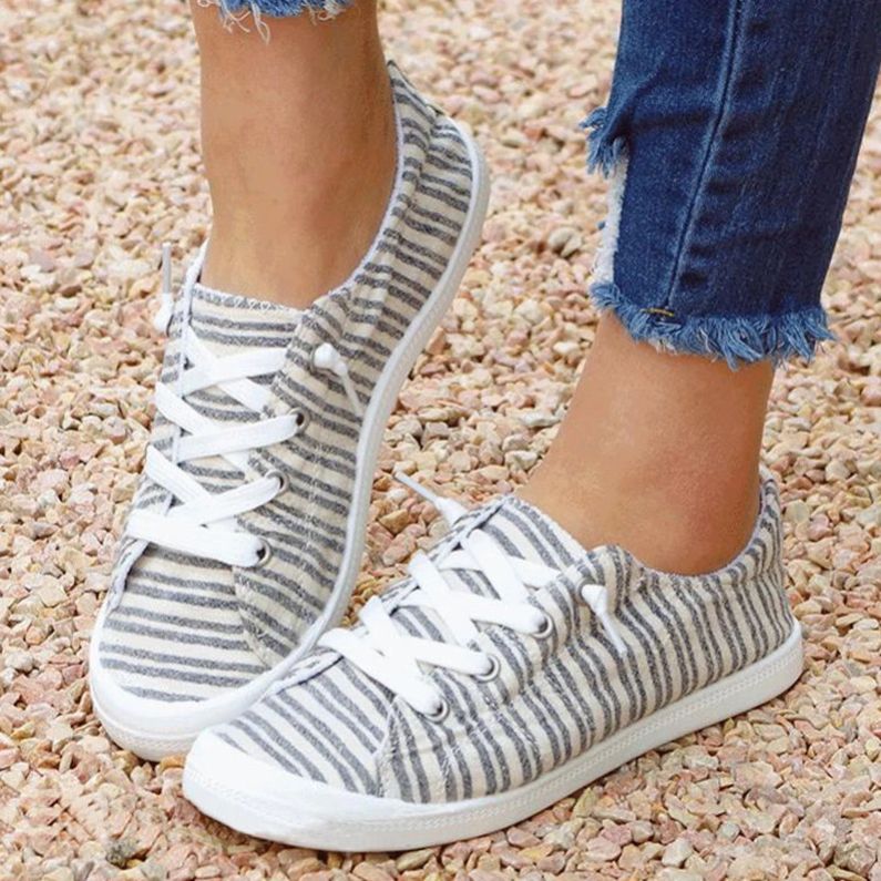 2021 New Autumn Women Fashion Casual Everyday Canvas Stripe Print Lace Up Flat Sneakers Comfortable Breathable Sports Shoes