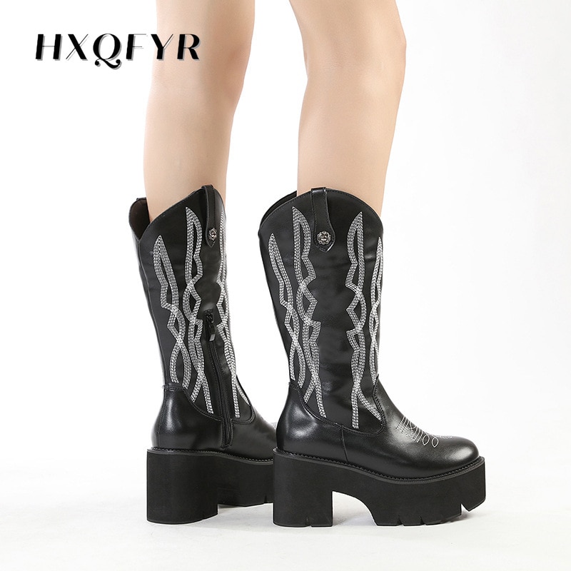 2021 New Boots Europe and America Embroidery Sleeve Round-toed Western Boots Platform Knight Boots Women But Knee Women's Boots