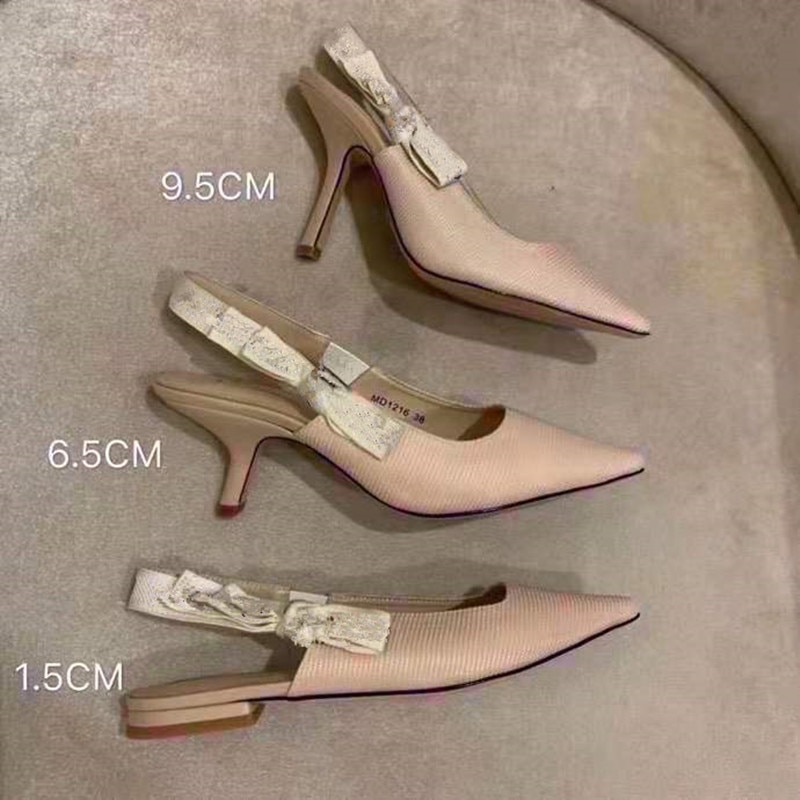 2021 new bow kitten heel sandals female letter ribbon shallow mouth pointed toe high-heel flat shoes in the air