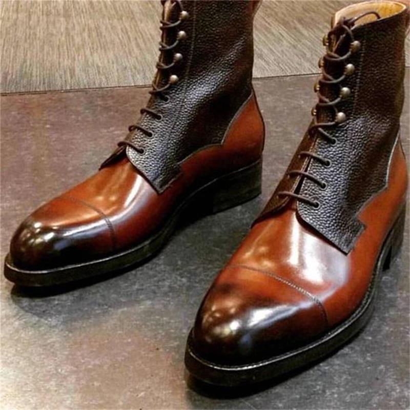 2021 New Men Fashion Trend Temperament Dress Shoes Handmade Color Matching PU High-top Lace-up Motorcycle Ankle Boots KU065