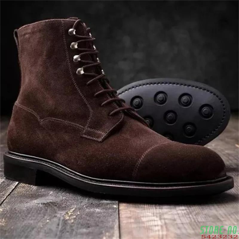 2021 new men shoes fashion casual business dress wild handmade dark brown suede round toe square heel lace-up ankle boots ZZ374