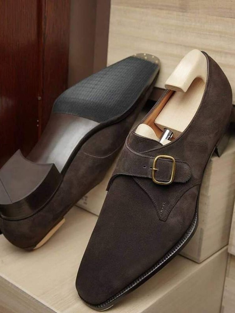 2021 New Men Shoes Handmade Dark Brown Imitation Suede One-piece Single Buckle Fashion Business Casual Dress Monk Shoes XM482