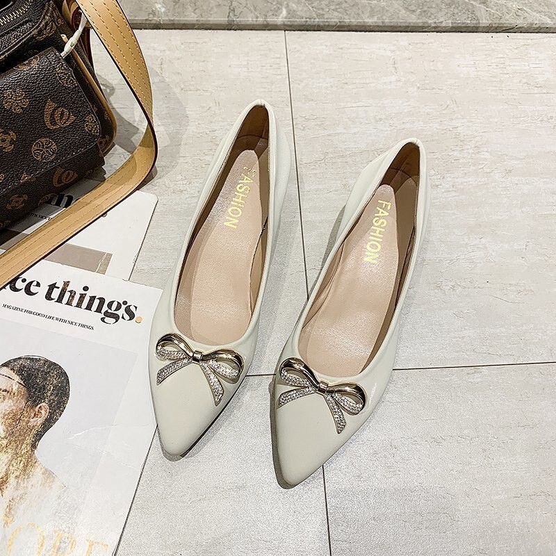 2021 New Natural Genuine Leather High Heels Women Slingbacks Shoes Pointed Toe Shallow Mouth Shoes Bowknot Flat Footwear Spring
