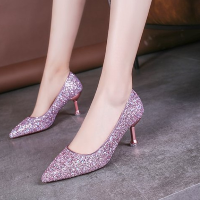 2021 New Style Wedding Bride Shingle High-heeled Shoes Pointy Bridesmaid Gold Powder Crystal Banquet Shoes Bling High Heels Hot