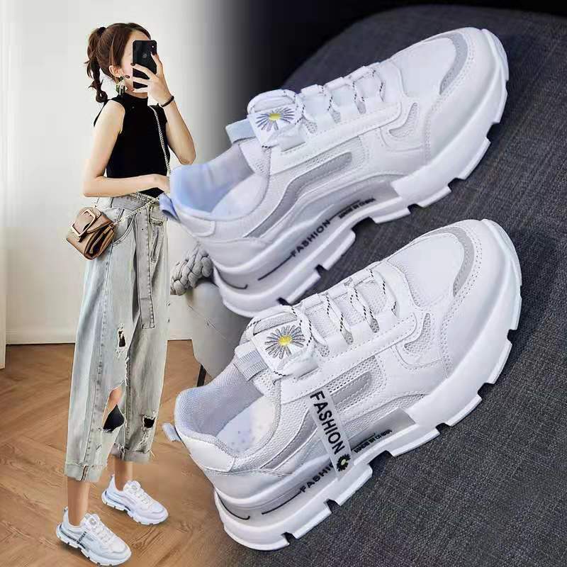 2021 New Women White Casual Sneakers Women Fashion Lace Up Walking Flats Shoes Summer Breathable Mesh Vulcanized Shoes Basket