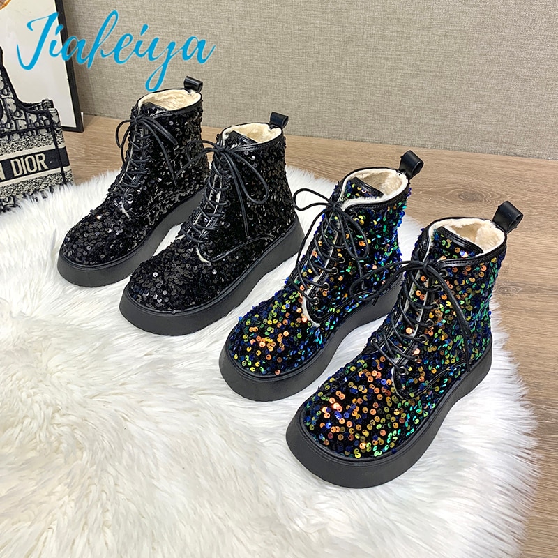 2021 New Women's Boots Sequins Warmth Fashion Ladies Fashion Boots Black Glittering Platform Shoes Goth Platform Boots Designer