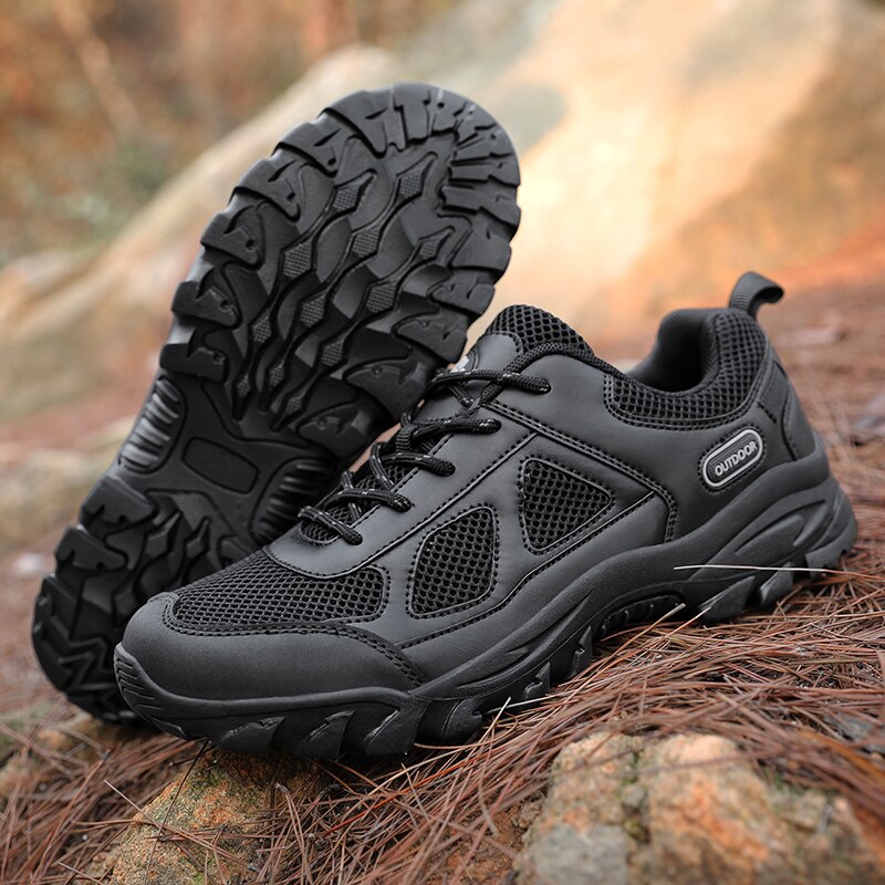 2021 Outdoor Men's Hiking Boots Mesh Mountaineering Shoes Light Breathable Anti-skid Trekking Sneakers Black Large Size