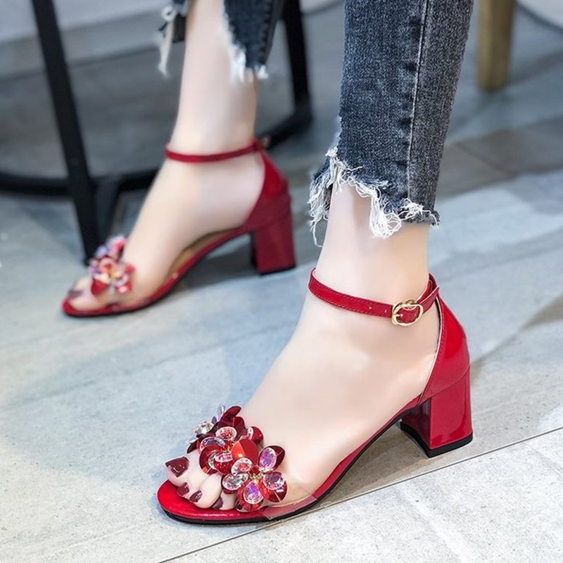 2021 Summer Shoes Women Open Toe Crystal Chunky Sandals Heels Women Gold Sliver Crystal Sandals with Low Heels Women Sandals