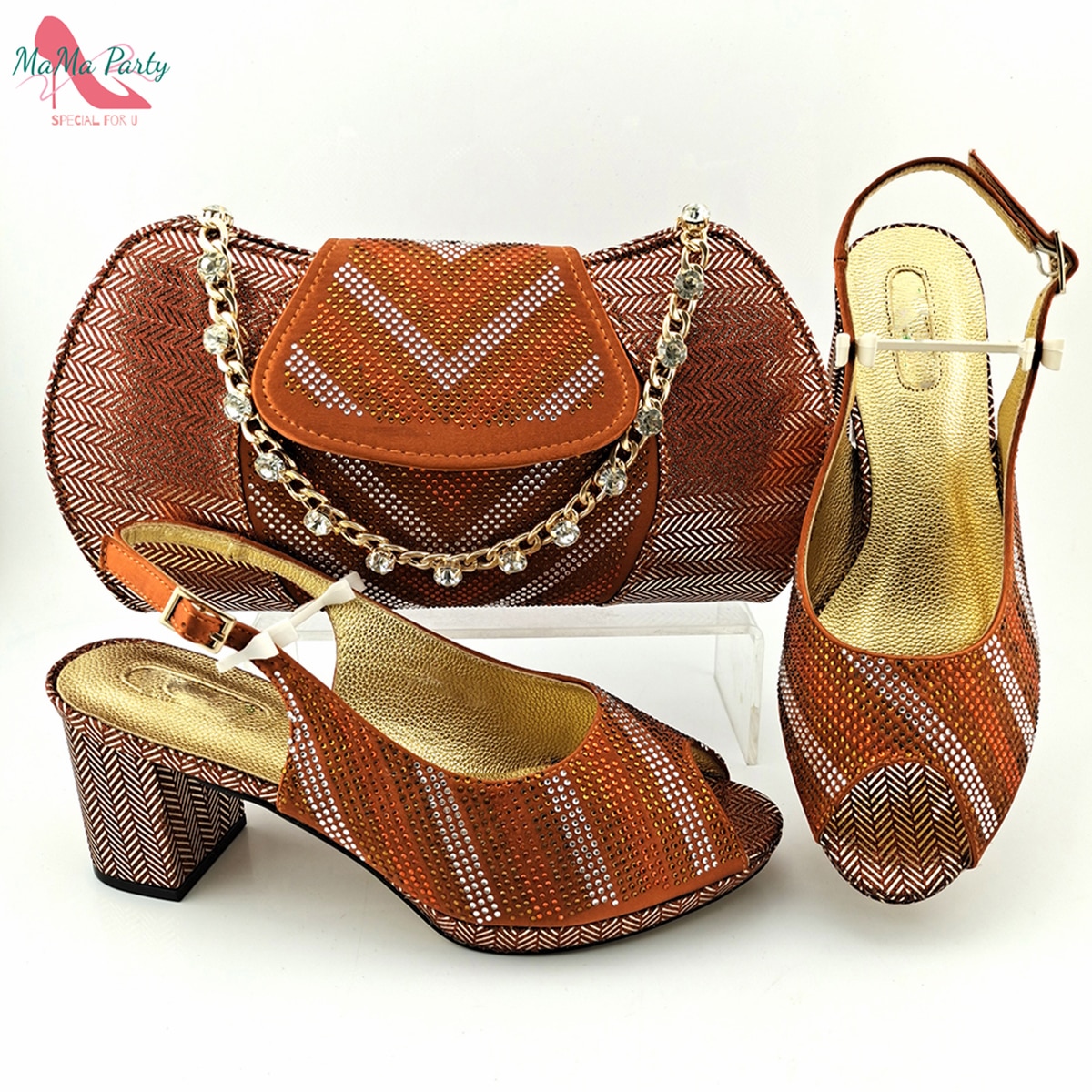 2022 INS New Design Orange Color African Women Shoes and Bag to Match Classics Style for Wedding Dress
