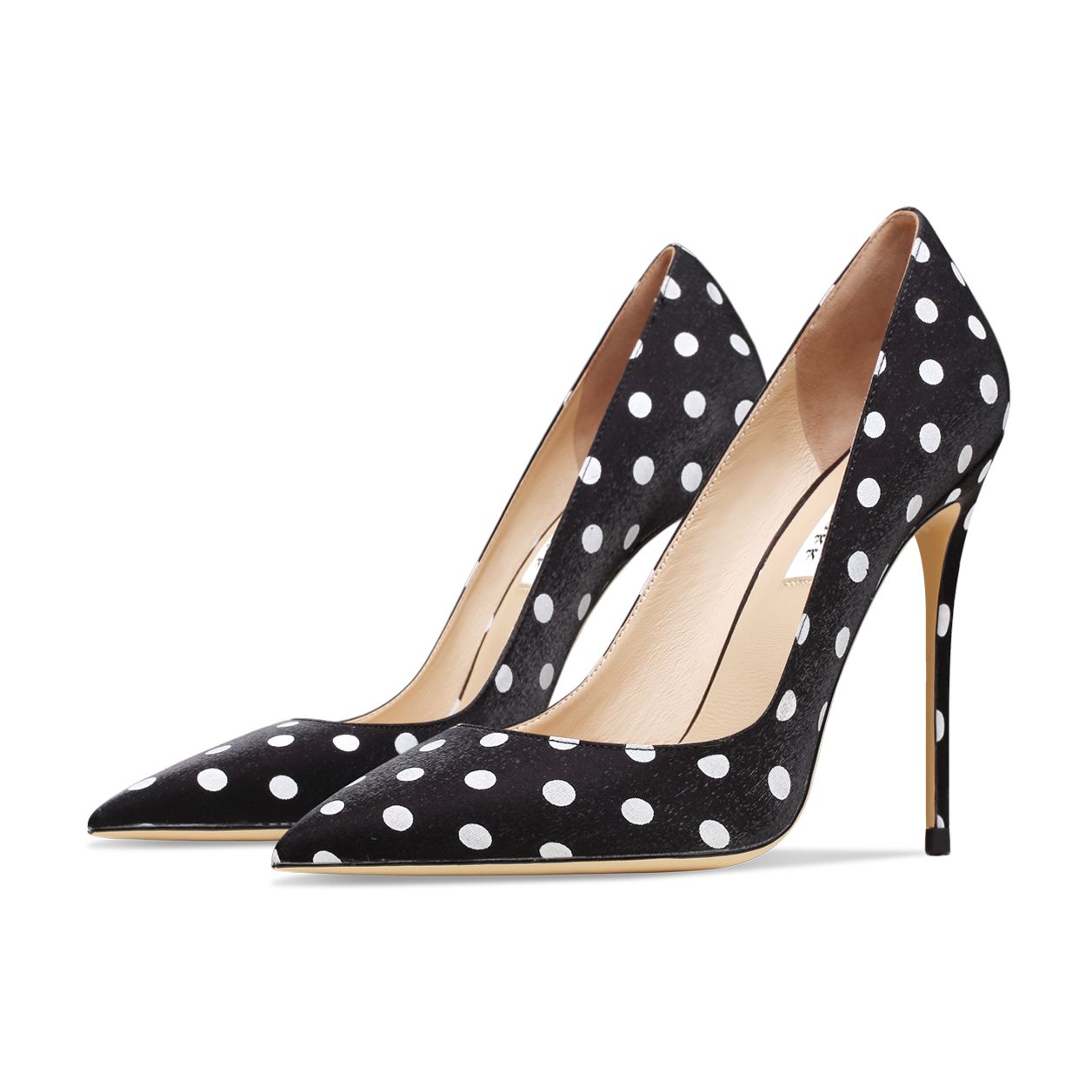 2022 New Spring Genuine Leather Polka Dot Pointed Toe High Heels Shallow Fashion Pumps Black Silk Women's Shoes Dress Shoes 10cm