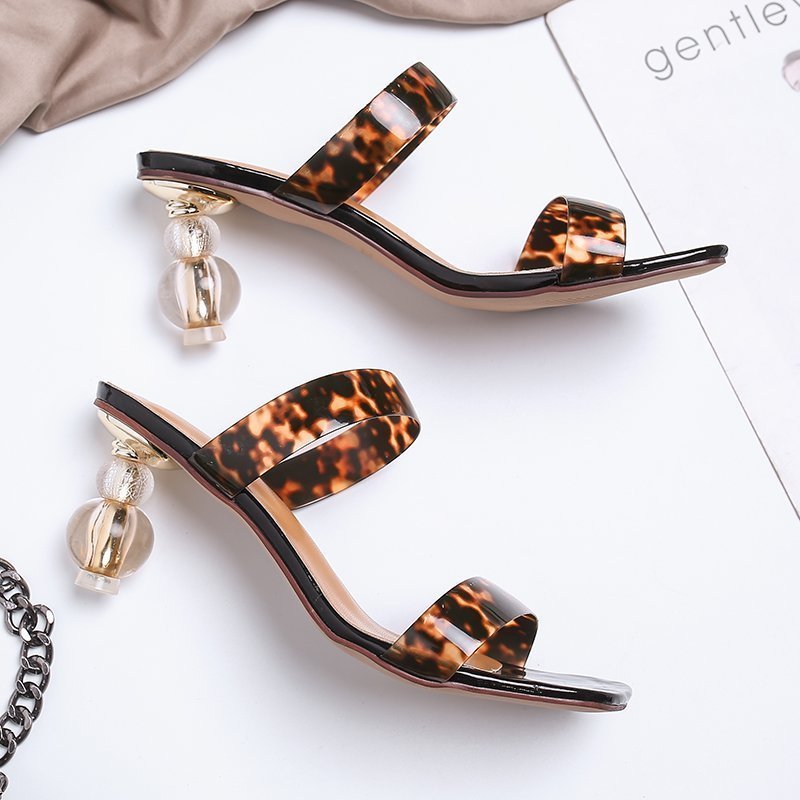 2022 Summer new Sexy Square Toe Women Shoes Party Dress Pumps Fashion crystal gourd High Heel Sandals Female Leopard Slippers