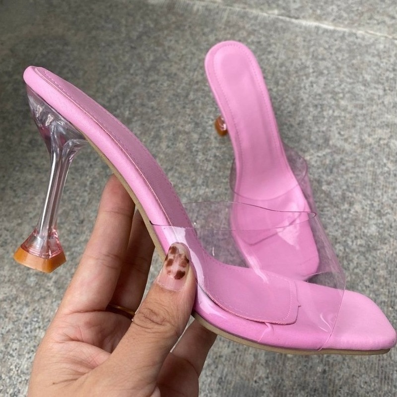 2022 Transparent PVC Women Mules Slippers High Heel Open Toe Sandals Flip Flops Sexy Square Toe Slides Woman Party Dress Shoes