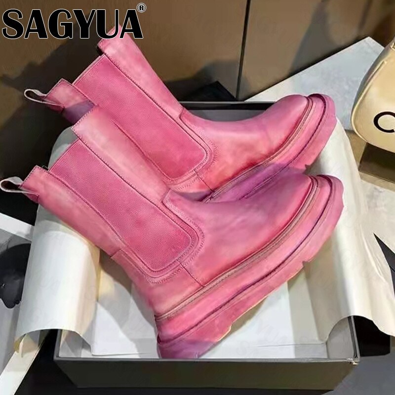 2022 Winter Fashion Chelsea Boots Mujer Mid Calf Platform Motorcycle Boots New Slip-on Ankle Boots Goth Rain Boots Women Shoes