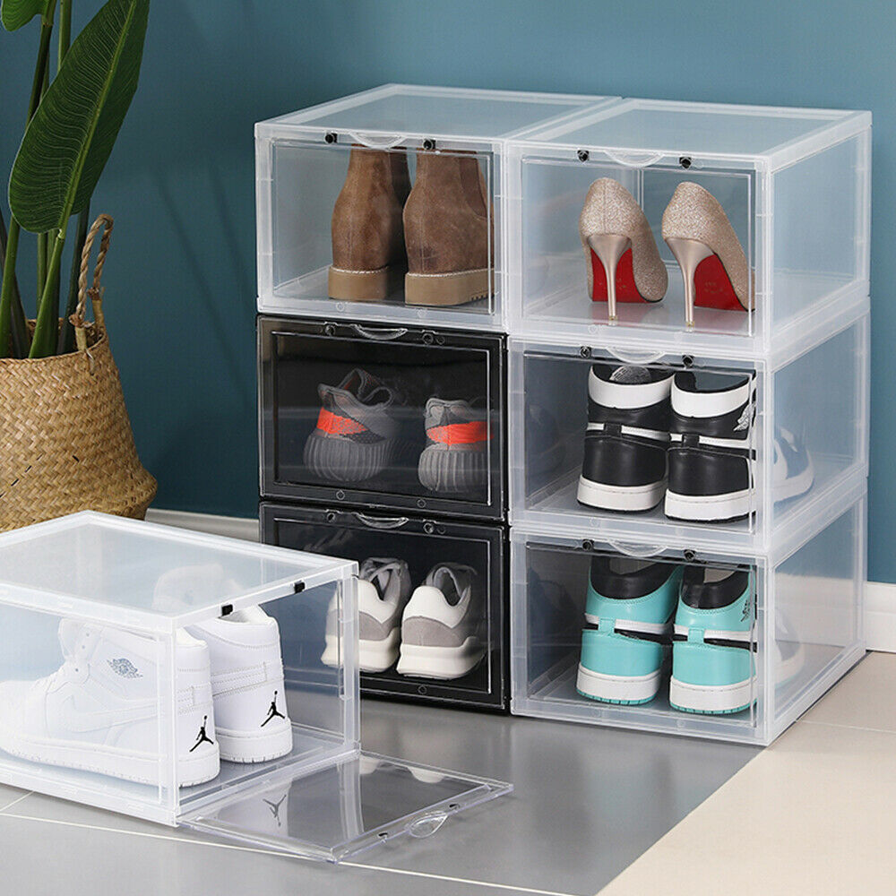 2x Sneaker Display Cases Shoe Organizer Drawer White Side Drop Crates Stackable