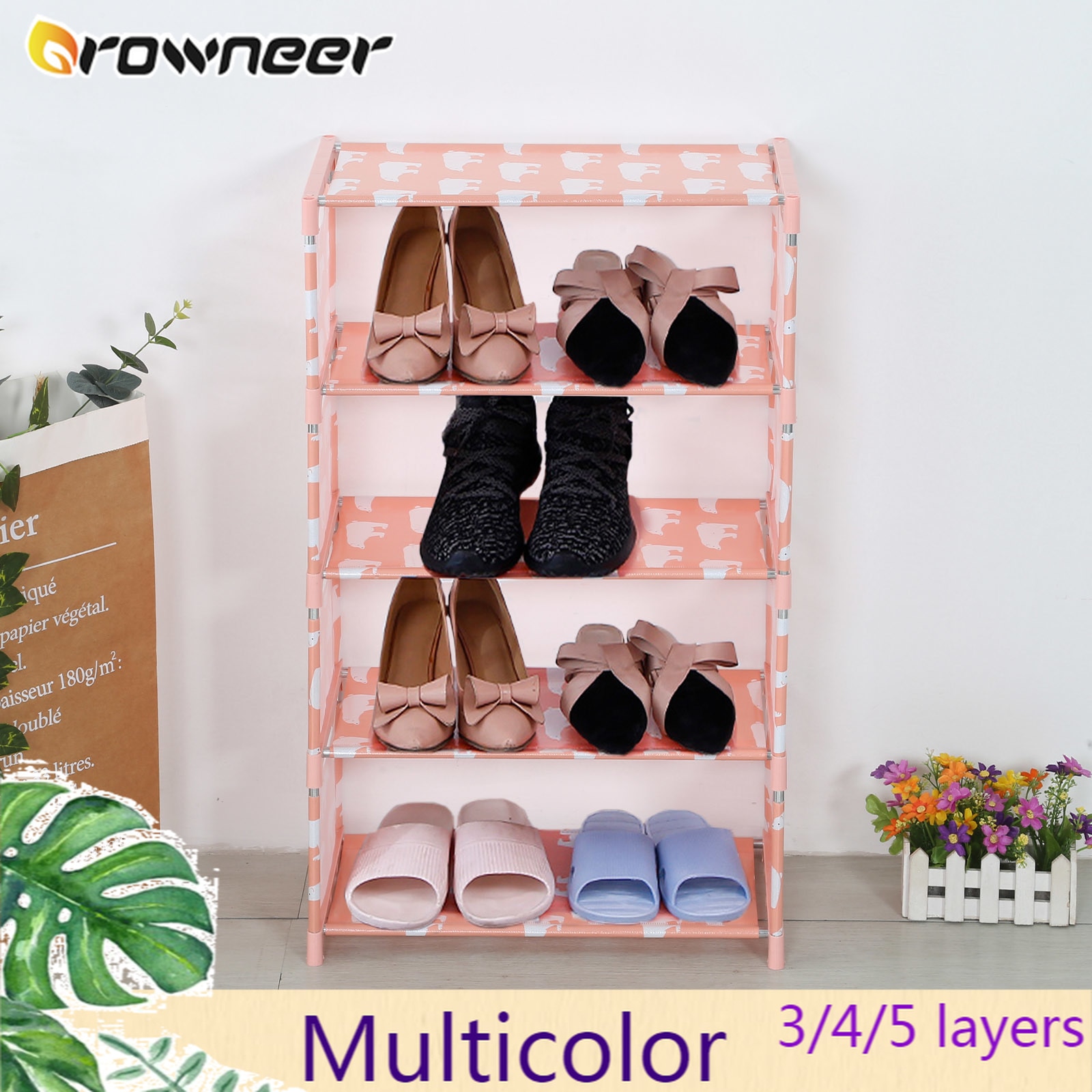 3/4/5 Layer Colorful Shoe Rack Reinforced Non-woven Stainless Steel Tube Dustproof Shoes Stand Large Capacity Shoe Display Shelf