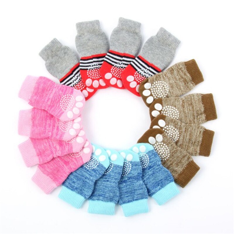 4pcs Pet Dog Knit Socks Pattern Printed Non-slip Cotton Socks Paws Cover Warm Shoes Dog Accessories S M L XL