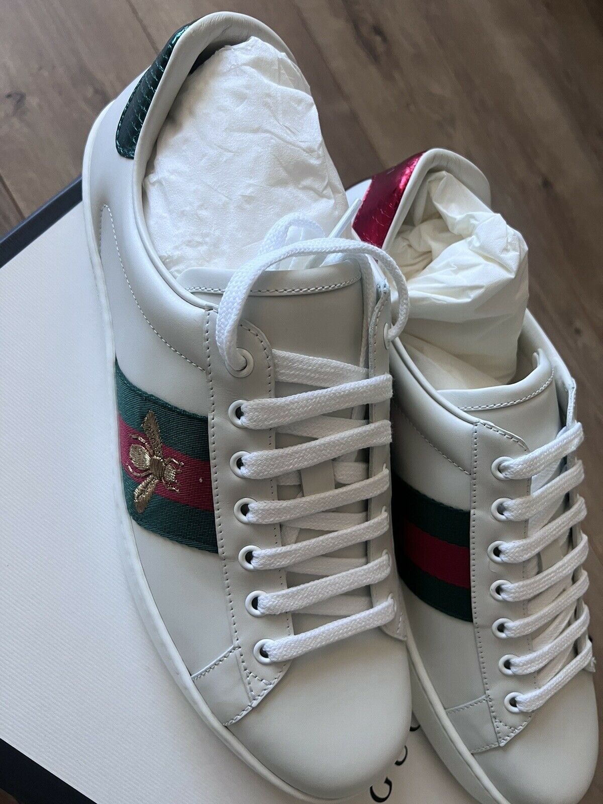 $650 Gucci Men's White New Ace Bee Lace-up Trainers Sneakers Shoes UK 10 US 11