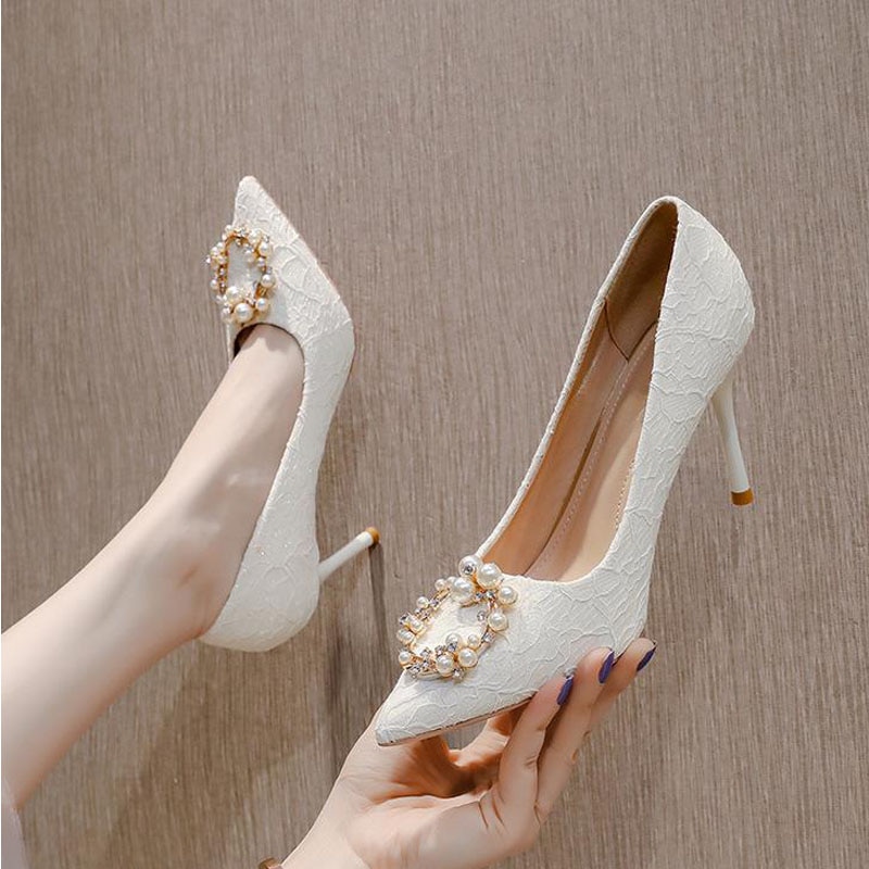 6cm New White Lace Bridesmaid High Heels Female Pointed Toe Plus Size Women Shoes 41 42 43