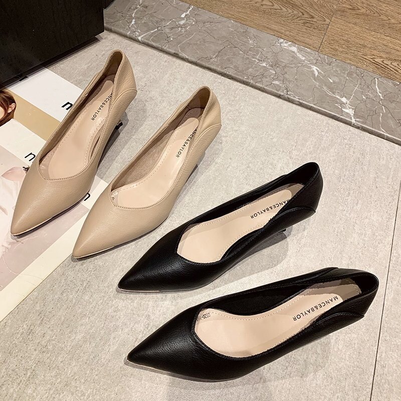 7 CM French Style Heels Shoes Women Leather Pumps Thin Heel Pointed Toe Soft Leather Shoes Office Lady Work Party Shoes
