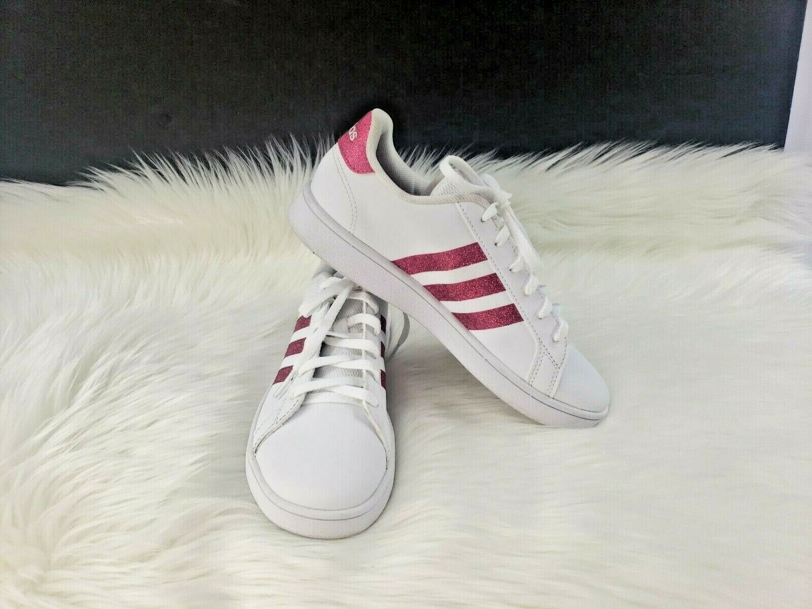 Adidas Grand Court K Shoes White Pink Glitter 3-Stripes EG5136 Girls Youth Sz 4