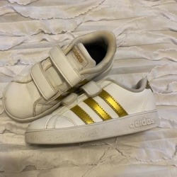Adidas Shoes | Gold Stripe Adidas Sneakers | Color: Gold/White | Size: 8g