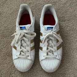 Adidas Shoes | Gold Stripe Adidas Superstars | Color: Tan/White | Size: 7.5