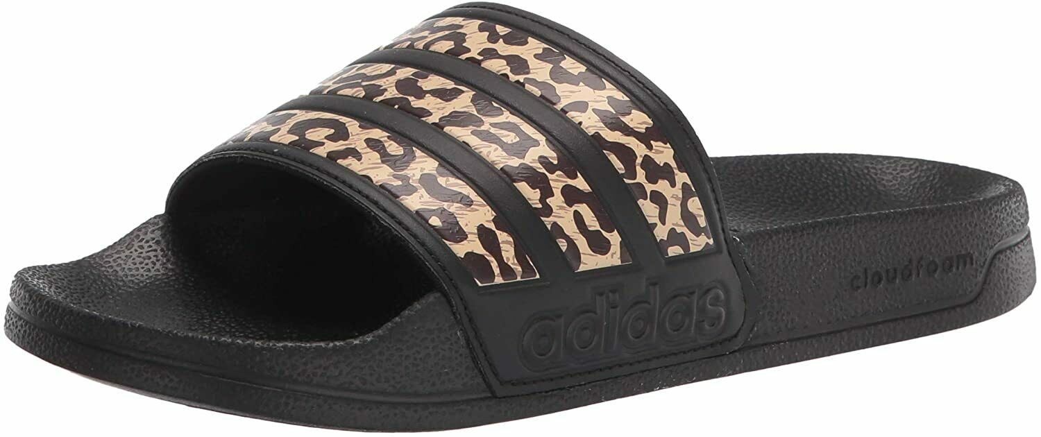 adidas Women's Adilette Shower Slide Sandal, Core Black/Leopard Print 10 US