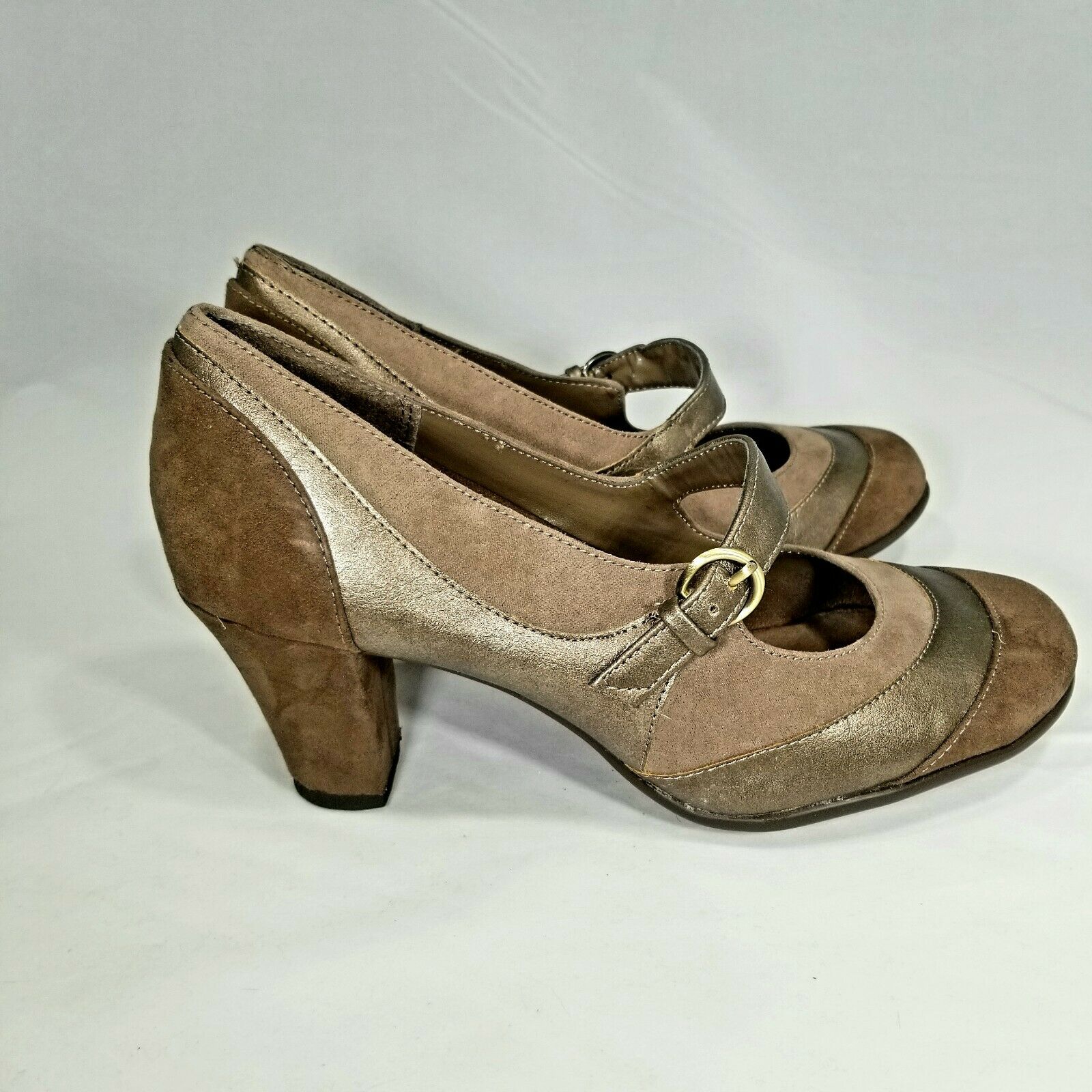 Aerosoles A2 Troley Mary Jane Cushioned Heels Brown Gold Tan Women's 7 Shoes