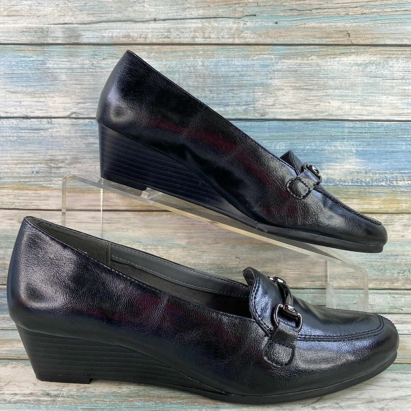 Aerosoles Love Spell Womens Wedge Heel Loafers Shoes Black Faux Leather Size 8.5