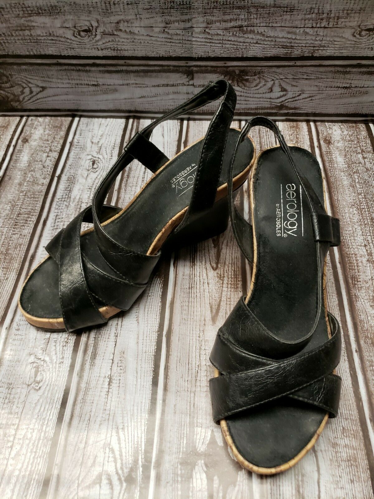Aerosoles Woman Sz 5.5 Aerology Shoe Black Cork Strappy High Heel Wedge Sandal